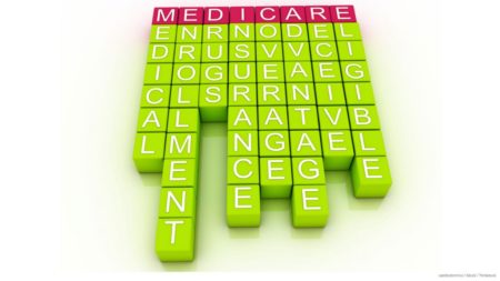 Scrabble-Kacheln buchstabieren Medicare und seine Komponenten, um den Unterschied zwischen Medicare A und B zu lernen; Medicare Teile A und B