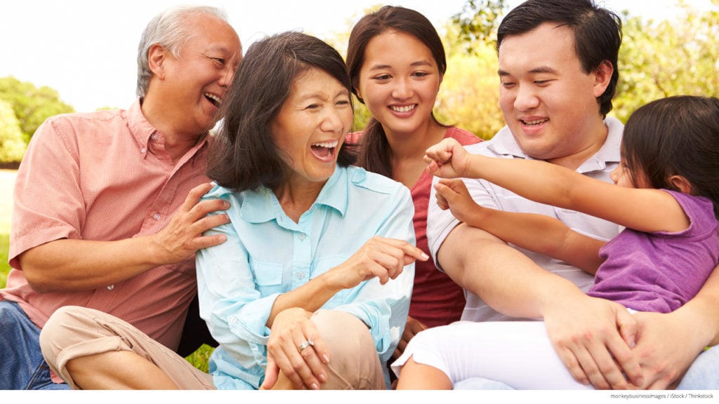 Multi-generational family laughing together