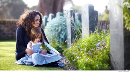 Mother and daughter sitting in cemetery